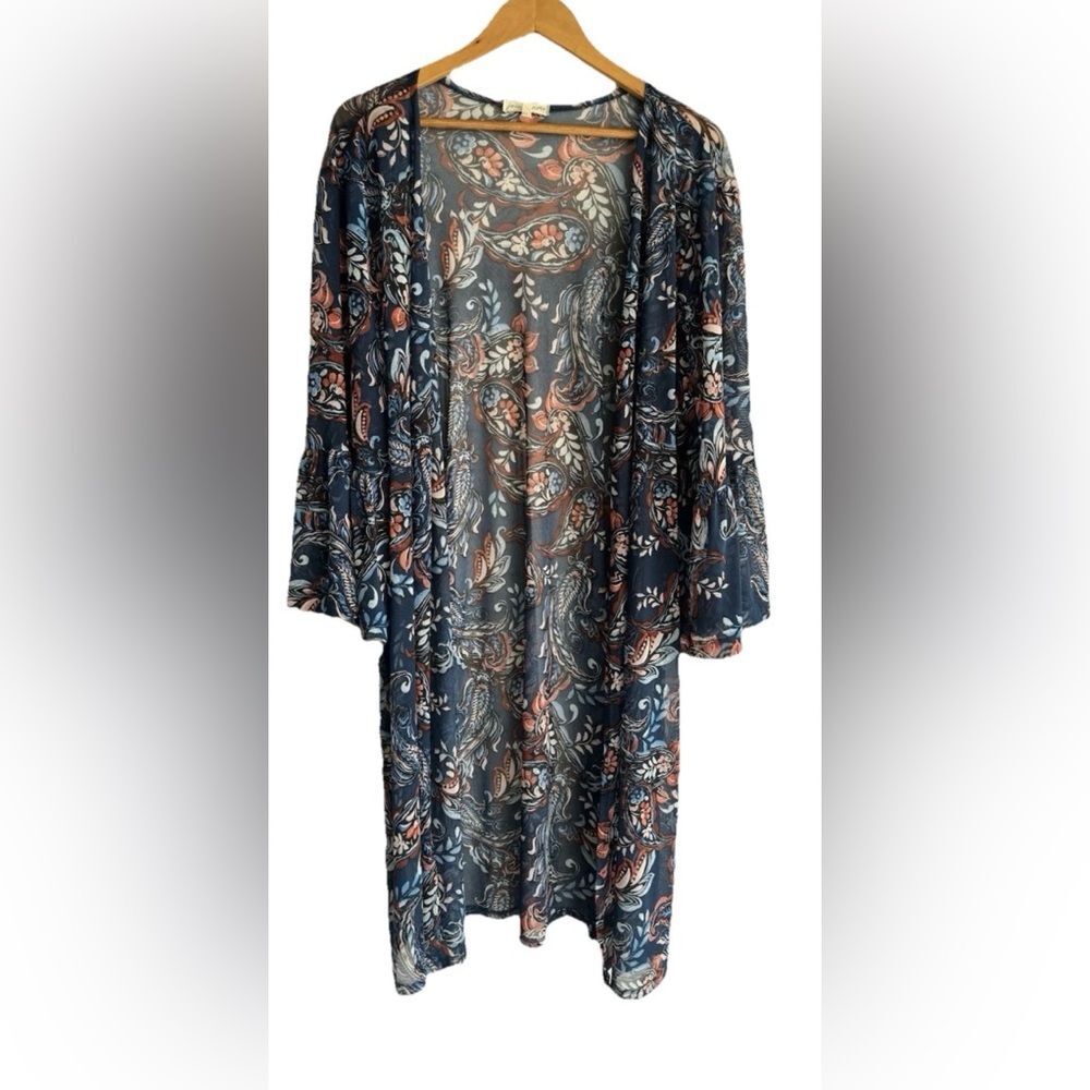Joie de Vivre Women Open Front Kimono Cardigan 3X Sheer Paisley Bell Sleeve Boho
